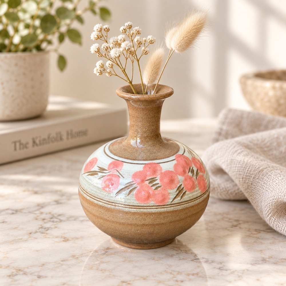 Vintage Studio Pottery Bud Vase Hand Painted Pink Floral Stoneware Earthy Boho